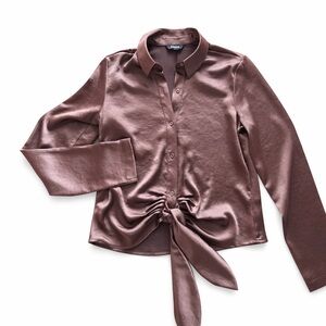 Express Satin Button-Down Shirt in Rich Brown